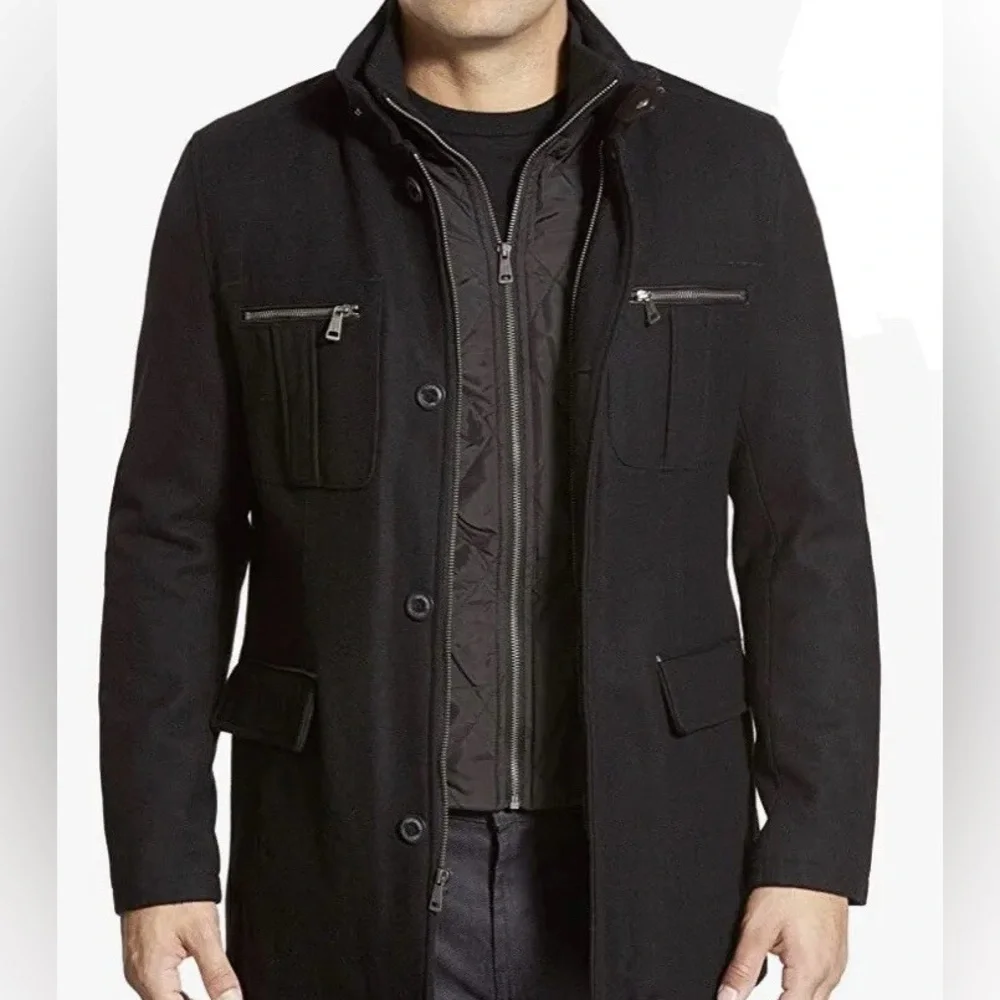 Cole Haan Men’s Medium Black Wool Blend Melton Button & Zip Up Winter Pea Coat